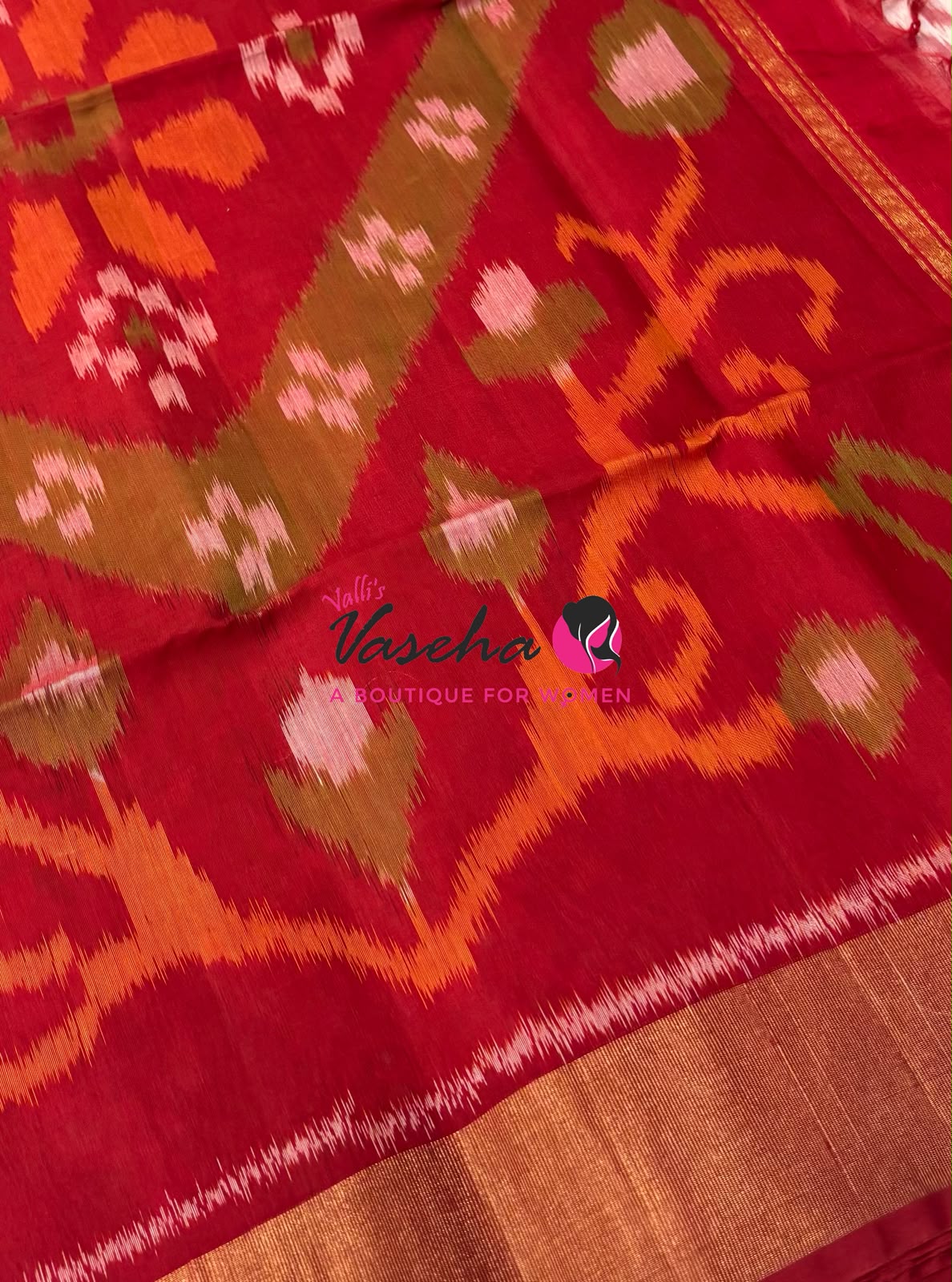 Pochampally Silk Cotton Saree - Cream & Red Shade - VVPPS001