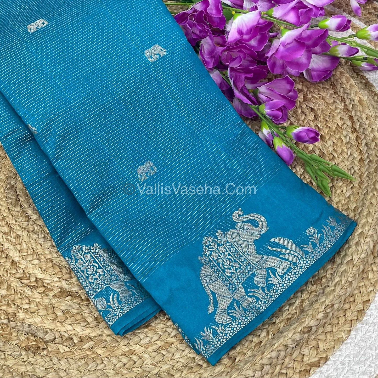 Semi Tussar Silk - Vairavoosi & Elephant Design - Ramar Blue Shade - VVSTS019