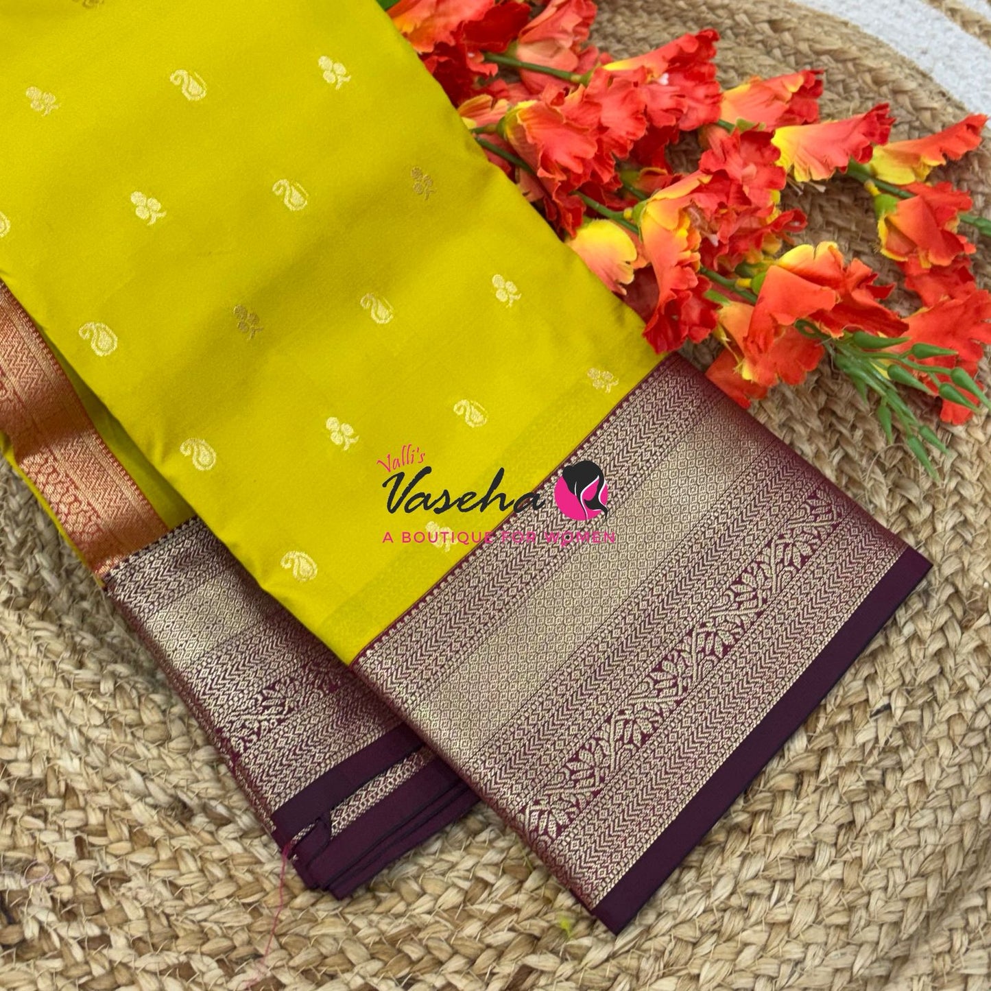 Semi Kanchi Silk  - Lemon Yellow & - Maroon - VVSKS007