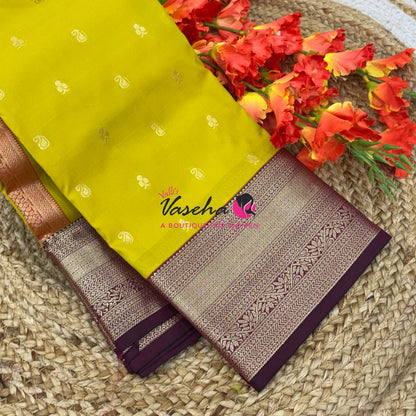Semi Kanchi Silk  - Lemon Yellow & - Maroon - VVSKS007