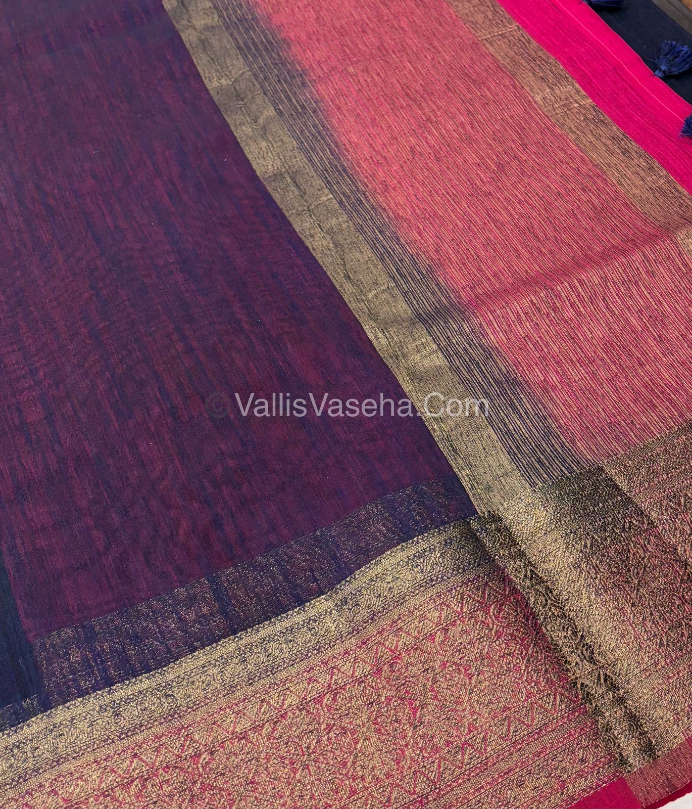 Bamboo Silk Saree - Navy Blue With Pink Shade - VVBSS006