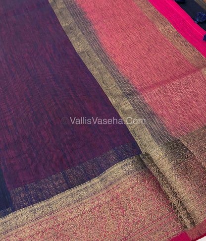 Bamboo Silk Saree - Navy Blue With Pink Shade - VVBSS006