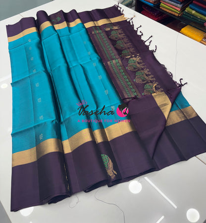 Half Mixed Soft Silk Saree - Blue With Dark Purple - VVPSS028