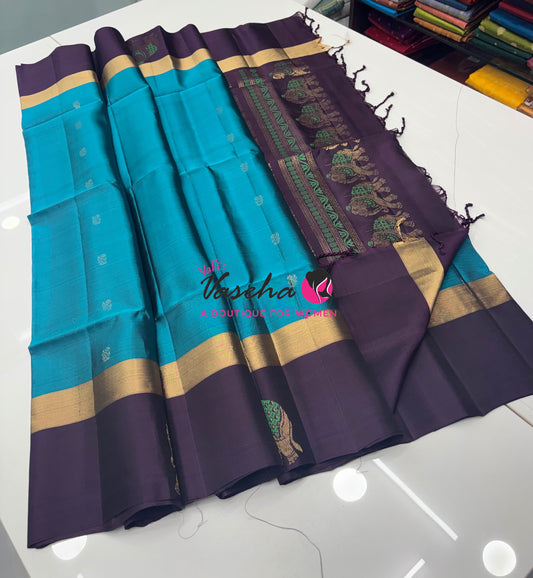 Half Mixed Soft Silk Saree - Blue With Dark Purple - VVPSS028