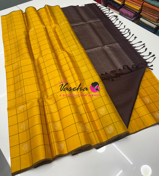 Pure Soft Silk Saree - Yellow & Brown Shade - VVPSS055