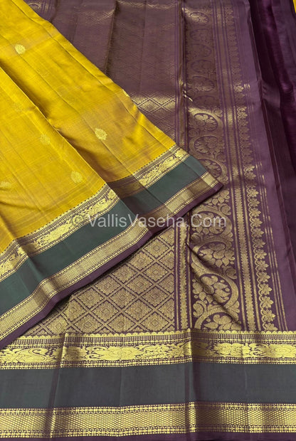 Pure Kanchipuram Silk Saree -  Mustard Yellow & Brown Shade  - VVPS022