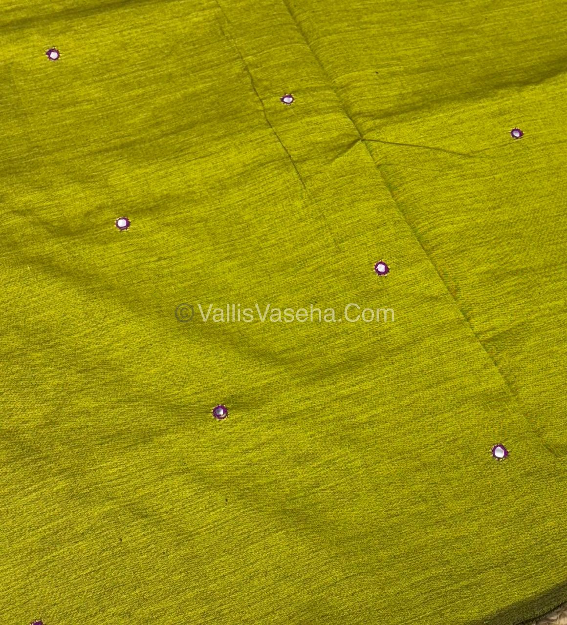 Poly Silk Mixed Cotton - Mirror Work Embroidery - Green with Pink - VVPCM001