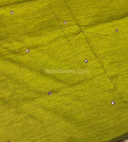 Poly Silk Mixed Cotton - Mirror Work Embroidery - Green with Pink - VVPCM001