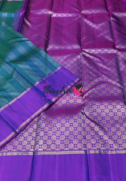 Pure Kanchipuram Silk Saree - Vairavoosi Design  - Peacock Blue & Purple Combo - VVPS014