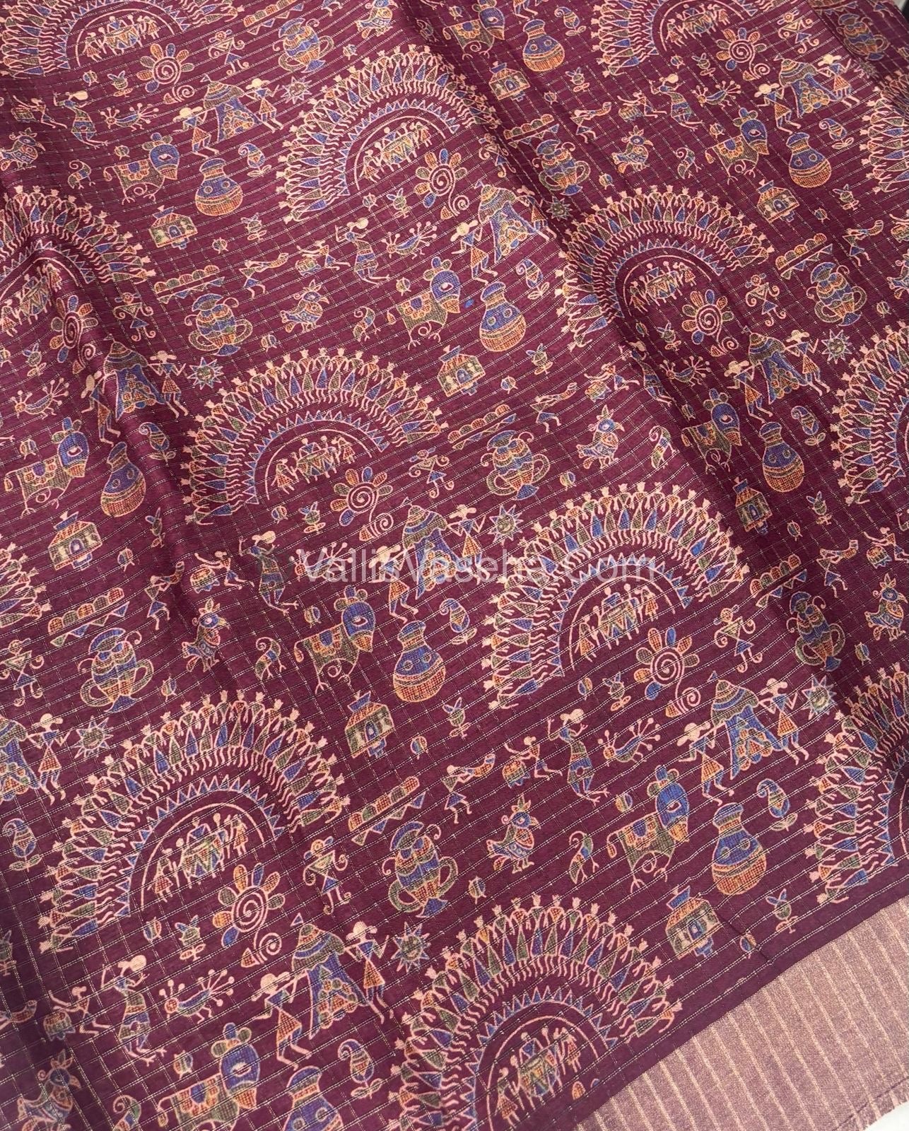 Light Weight Fancy Mixed Kota Cotton - Varli Design Printed Saree - Wine Shade - VVKPC001