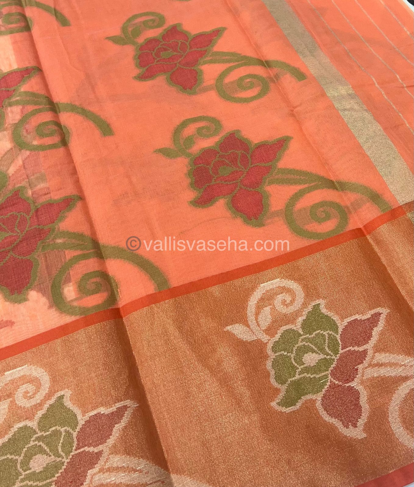 Banarasi Pochampally Weaving Semi Soft Cotton Saree - Cream with Orange - VVBPS001