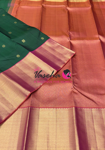 Pure Vintage Korvai Kanchipuram Silk Saree - Green With Peach - VVPS102