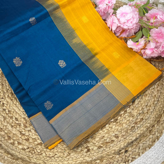 Semi Silk Cotton Saree - Ramar Blue & Yellow Combo - VVSSC001