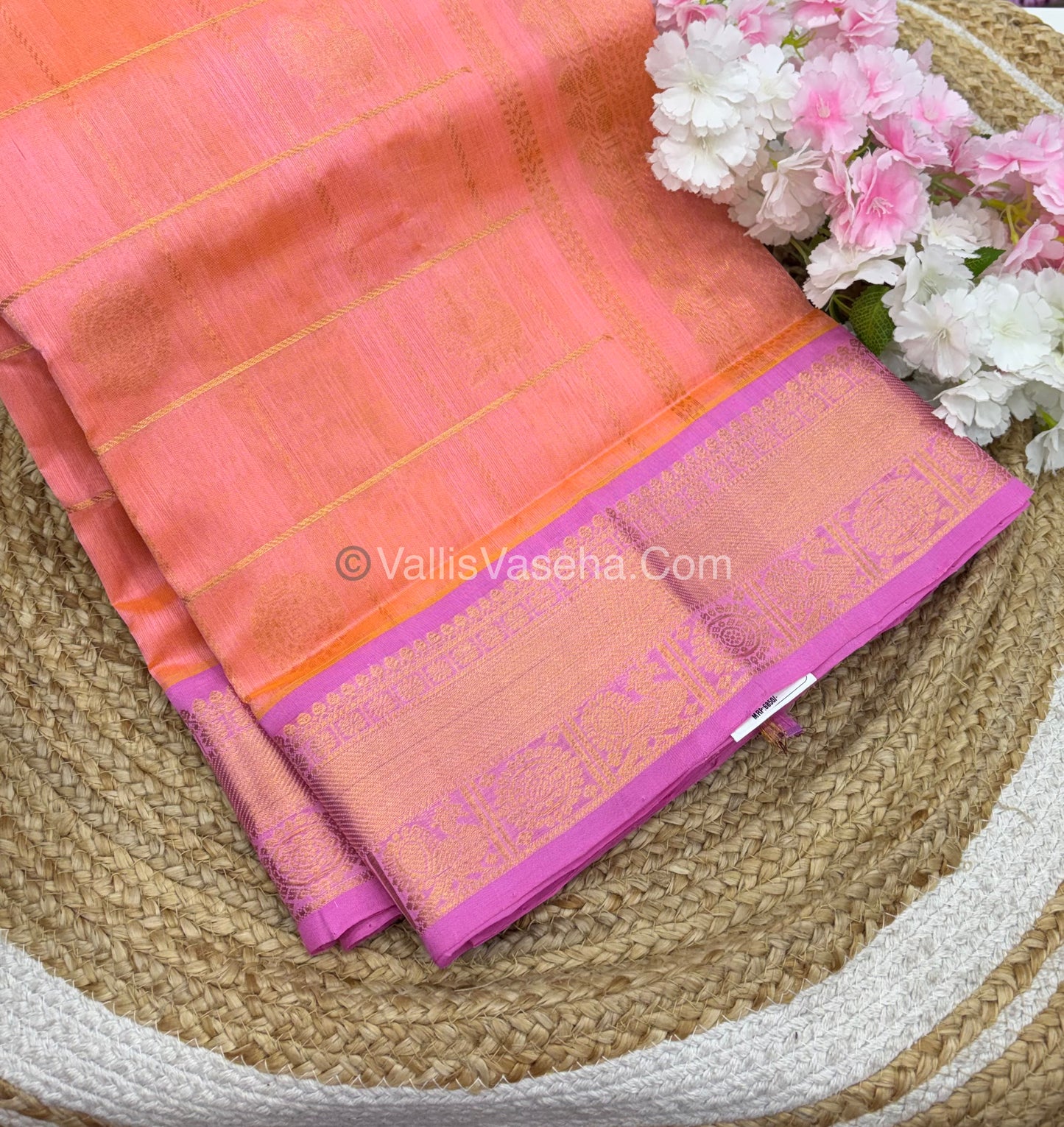 Pure Silk Cotton Saree - Mayil & Chakkaram Design - Peach With Pink Shade - VVMC001