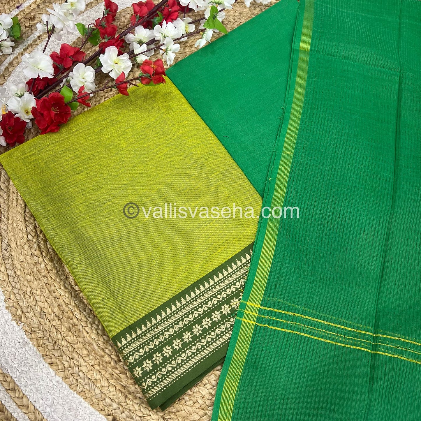 Unstitched Salwar Material - Mangalagiri Cotton - Lemon Green & Green Shade - VVUSM014
