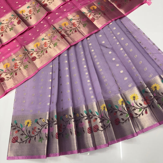 Unstitched - Lehenga Material - Zari Kota Tissue - Lavender & Pink - VVULM001