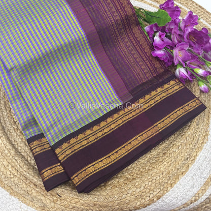 Pure Korvai Silk Cotton - Podi Kattam - Retta Petta Border - Green & Purple & with Wine  - VVKSC003