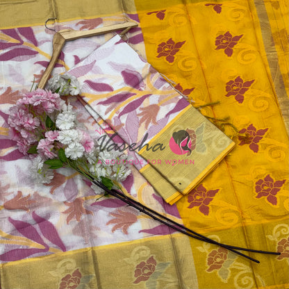 Banarasi Pochampally Weaving Semi Soft Cotton Saree - White with Yellow  - VVBPS001