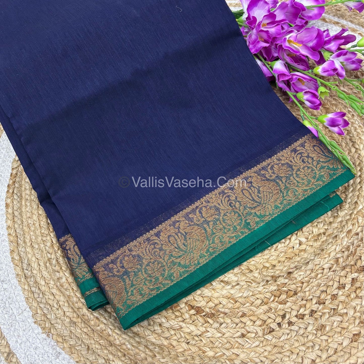 Bamboo Silk Saree - Navy Blue with Green Shade - VVBSS011