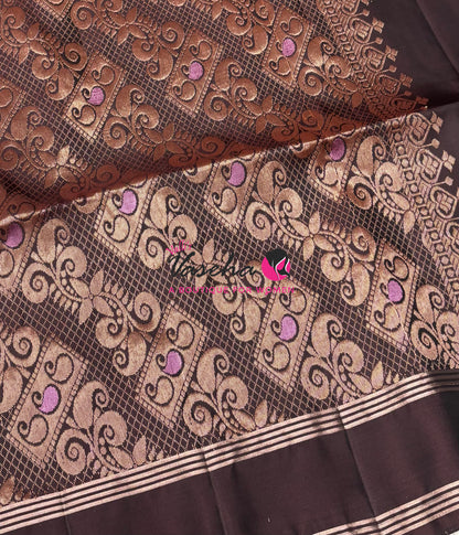 Half Mix - Pure Soft Silk Saree - Meenakari Style Butta - Rust Orange With Brown - VVPSS148