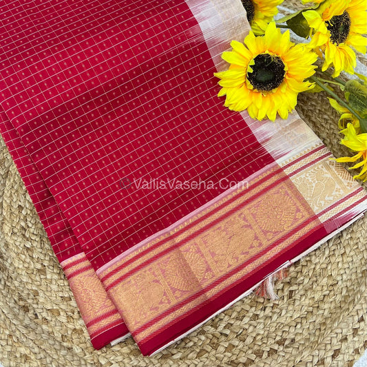 Pure Silk Cotton Saree - Red With White Shade - Lakshadeepam Design - VVPLD001