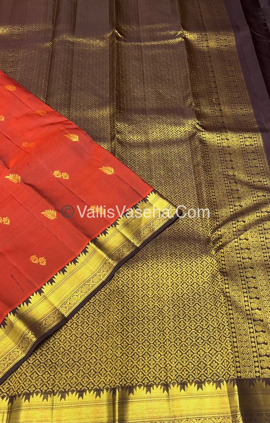 Pure Kanchipuram Silk Saree - Rust Orange with Wine Brown  Combo - VVPS013