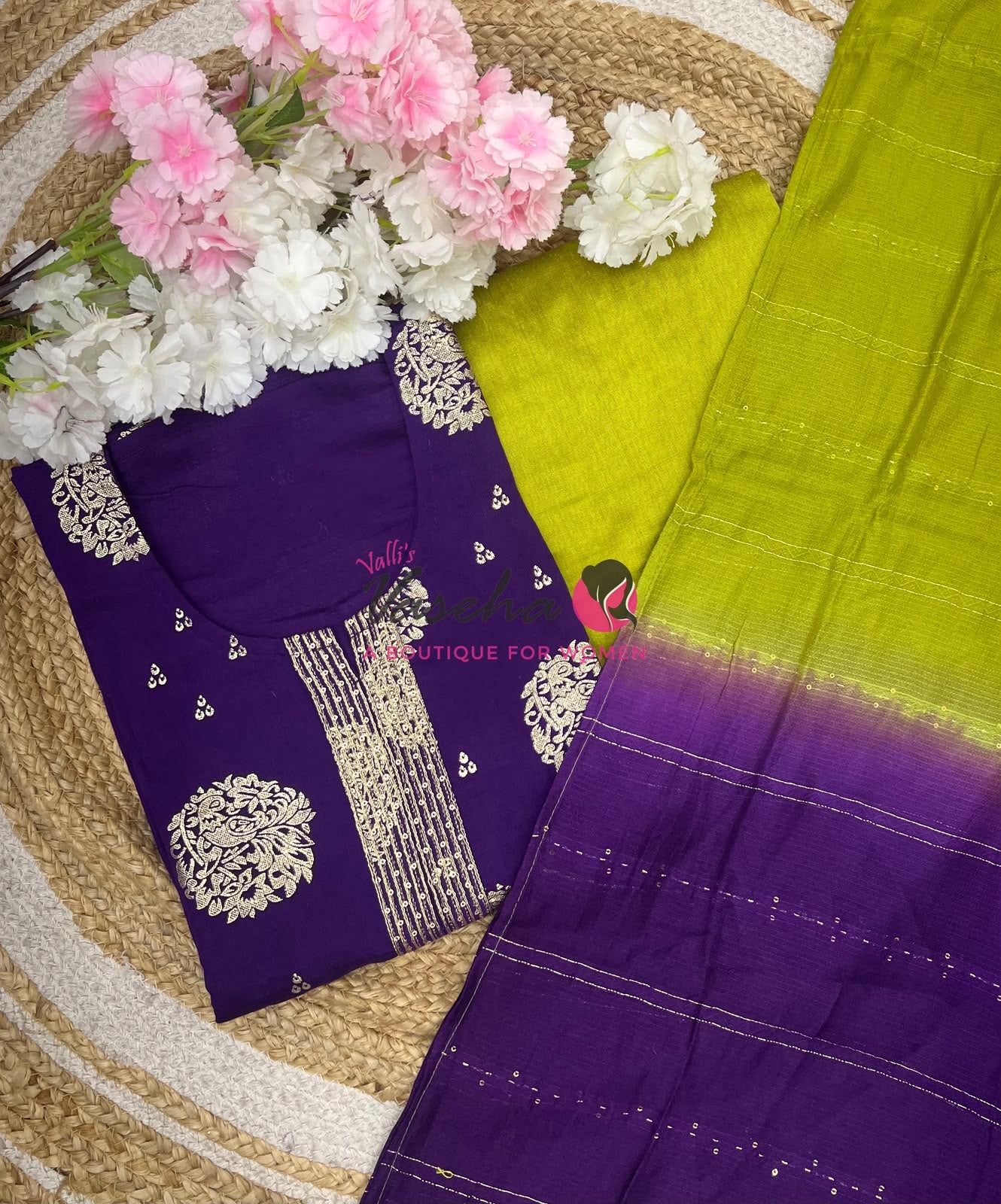 Unstitched Raw Silk Material  | Purple With Green | VVUSM046