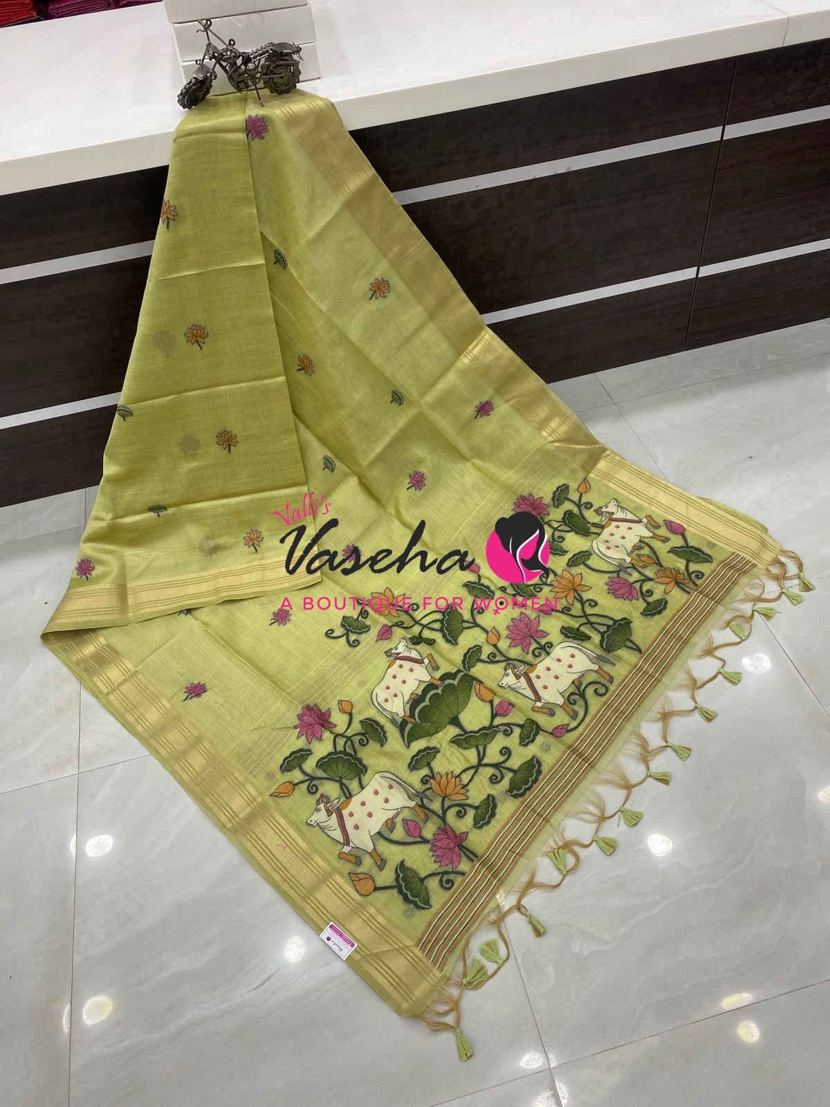 Muga Tissue Linen Saree - Green Shade - VVMLT003