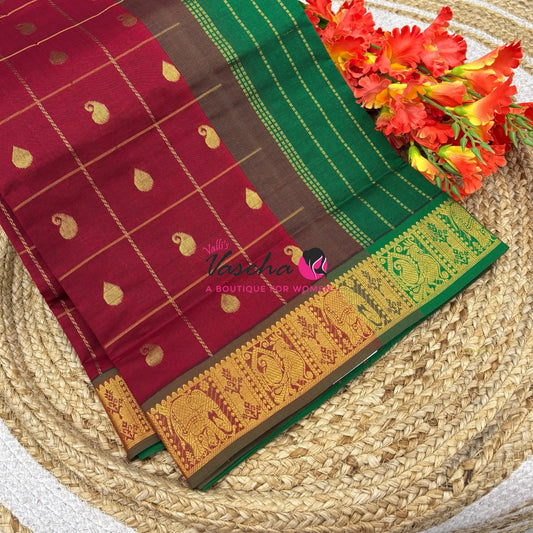 Semi Silk Cotton Saree - Checked Pattern with Butta  - VVSSC013