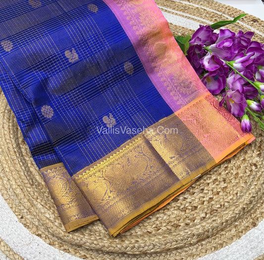 Pure Silk Cotton Saree - Vairavoosi checks - Mayil & Chakkaram - Blue With Peach - VVMCV002