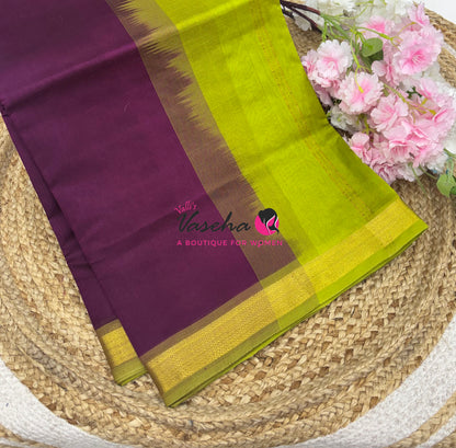 Pure Silk Cotton Sarees - Purplish Wine With Green - VVPSC017