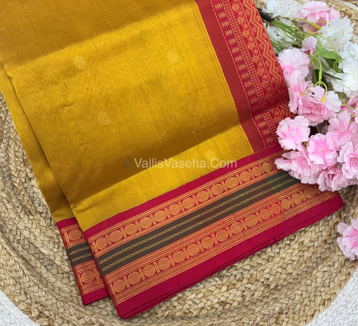 Pure Korvai Silk Cotton Saree - Mustard Yellow with Red - VVKSC004