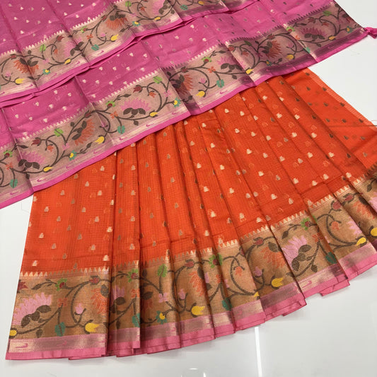 Unstitched - Lehenga Material - Zari Kota Tissue - Orange & Pink - VVULM001