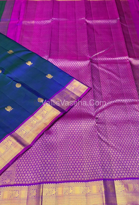 Pure Kanchipuram Silk Saree - Peacock Blue with Purplish Pink Combo - VVPS021