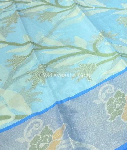 Banarasi Pochampally Weaving Semi Soft Cotton Saree - Light Blue with Blue - VVBPS001