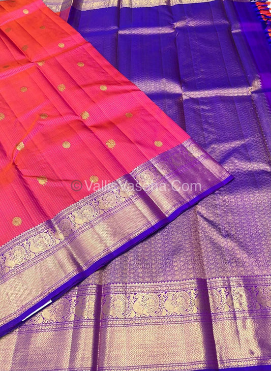 Pure Kanchipuram Silk Saree - Pinkish Peach with Purple Combo - VVPS011