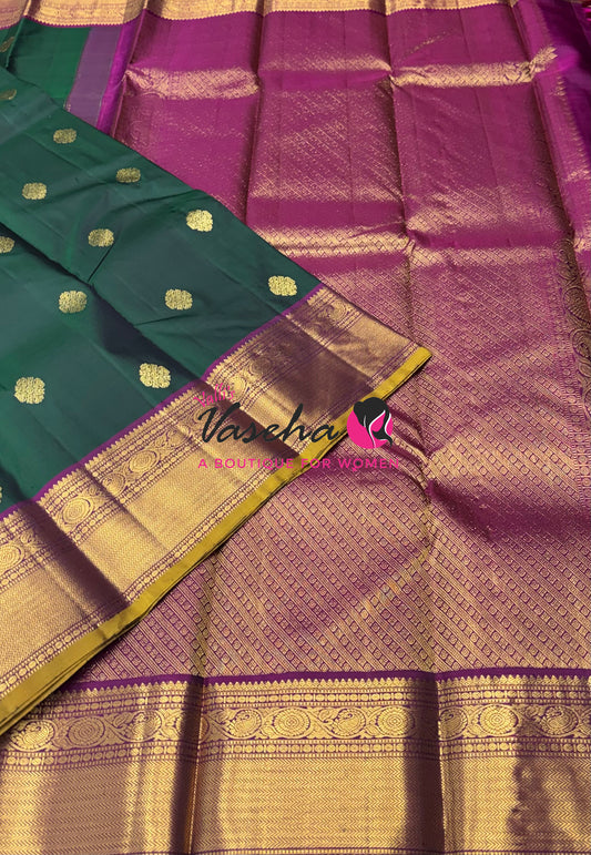 Pure Kanchipuram Silk Saree - Green & Purple Shade  - VVPS070
