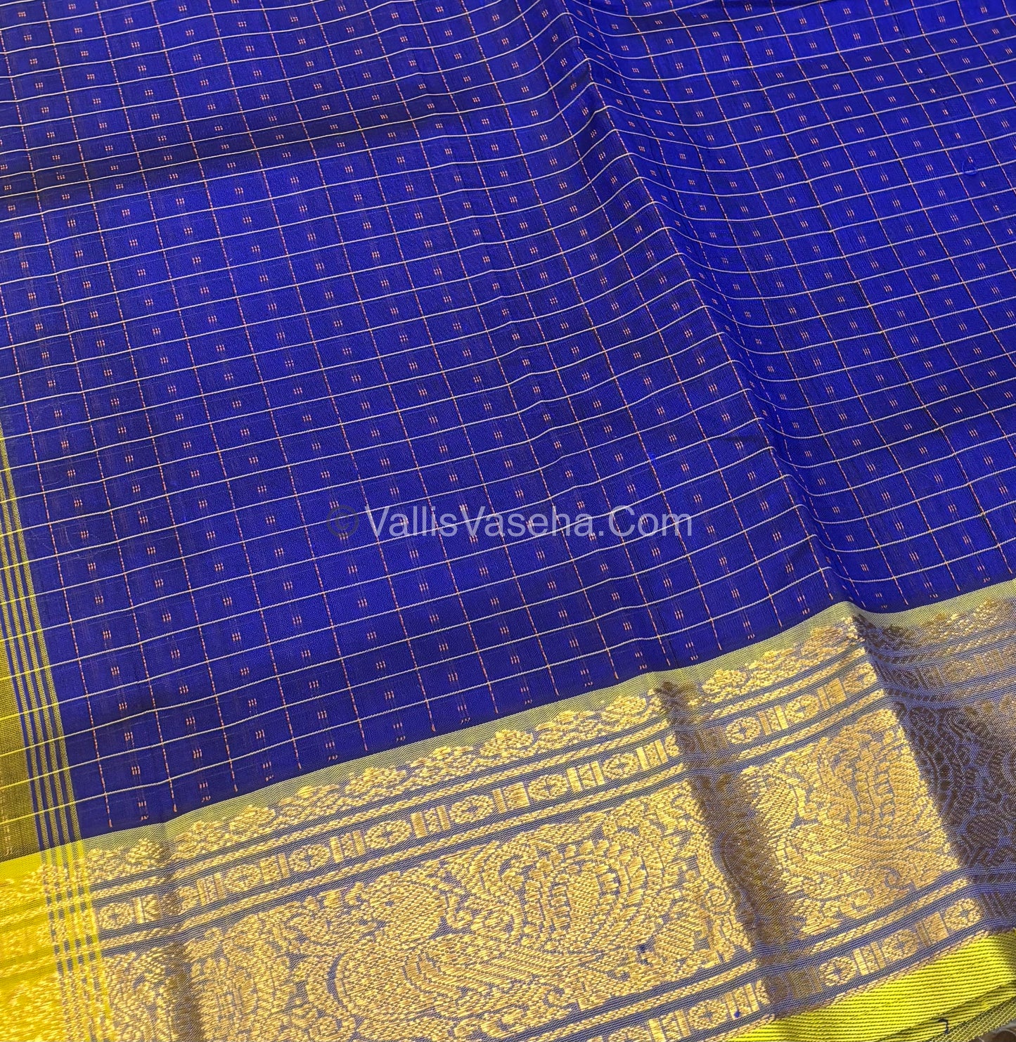Pure Silk Cotton Saree - Blue With Lemon Yellow Shade - Lakshadeepam Design - VVPLD001