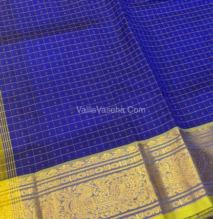Pure Silk Cotton Saree - Blue With Lemon Yellow Shade - Lakshadeepam Design - VVPLD001