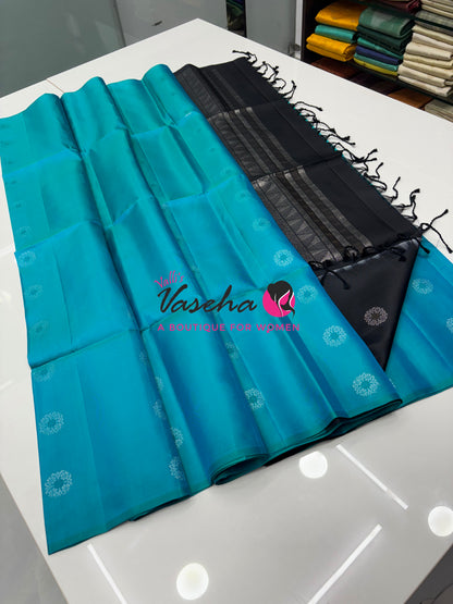 Pure Soft Silk Saree - Border Less  - Blue  & Black Combo - VVPSS055