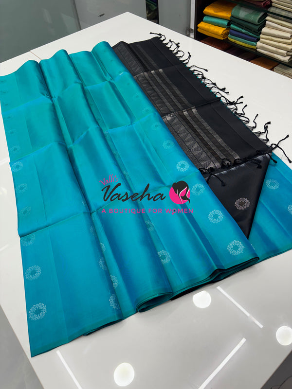 Pure Soft Silk Saree - Border Less  - Blue  & Black Combo - VVPSS055