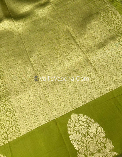 Semi Soft Silk - Tree With Double Birds Butta Border - Green Shade -VVSSS011
