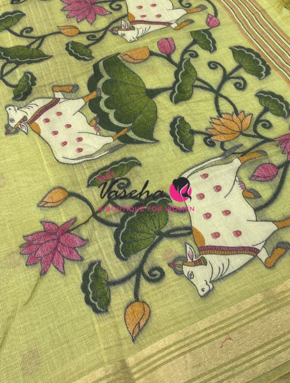 Muga Tissue Linen Saree - Green Shade - VVMLT003