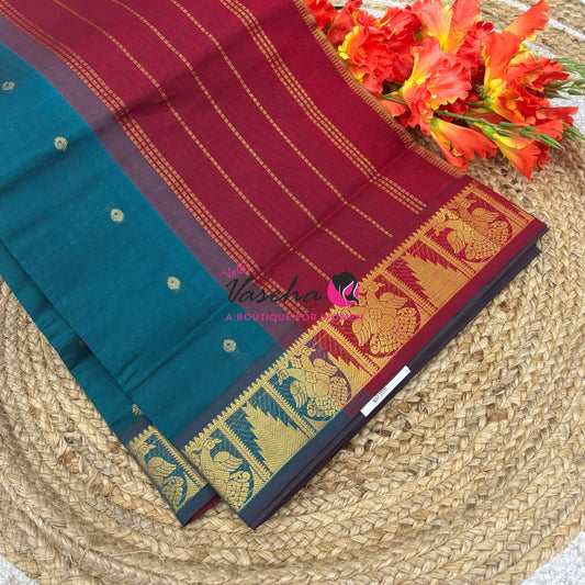 Semi Silk Cotton Saree - Small Zari Butta  - Retta Mayil Border- VVSSC015