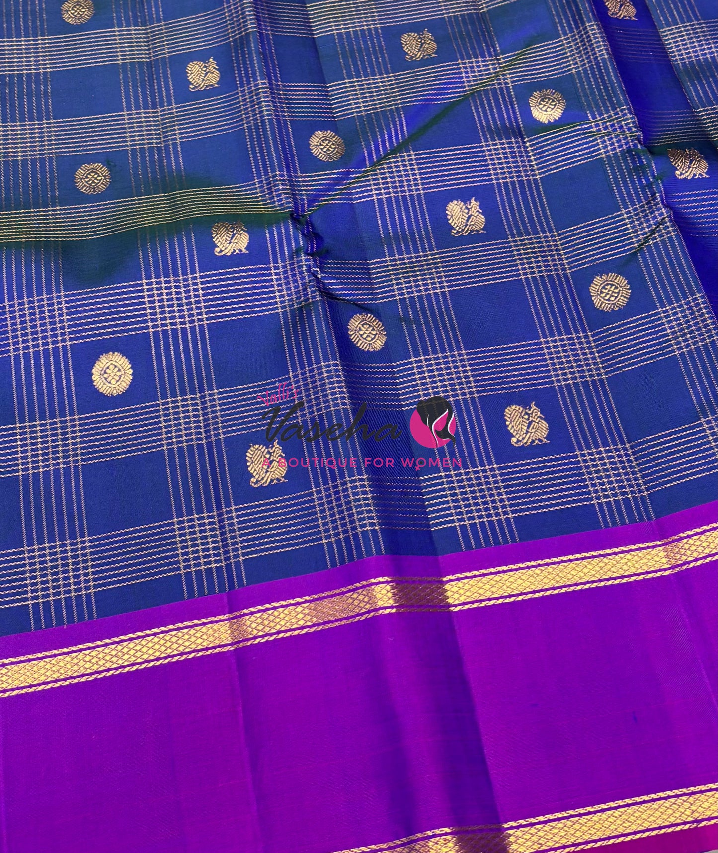 Pure Kanchipuram Silk Saree - Peacock Blue & Purple Combo - VVPS040