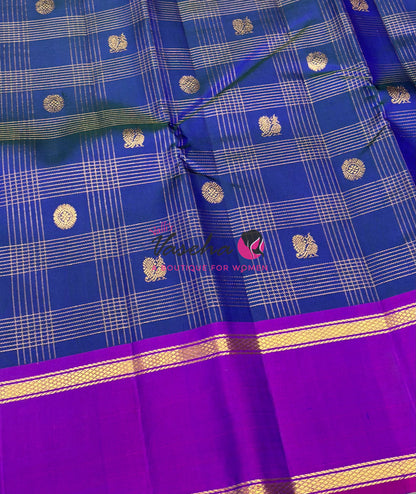 Pure Kanchipuram Silk Saree - Peacock Blue & Purple Combo - VVPS040