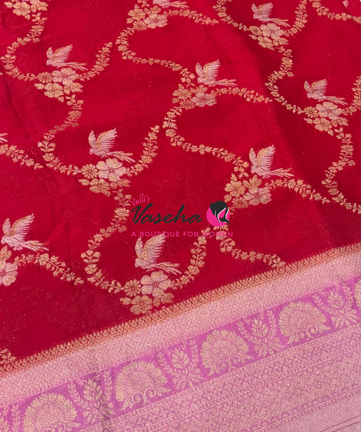Banarasi Georgette Saree - Red With Pink Combo - VVBGS002