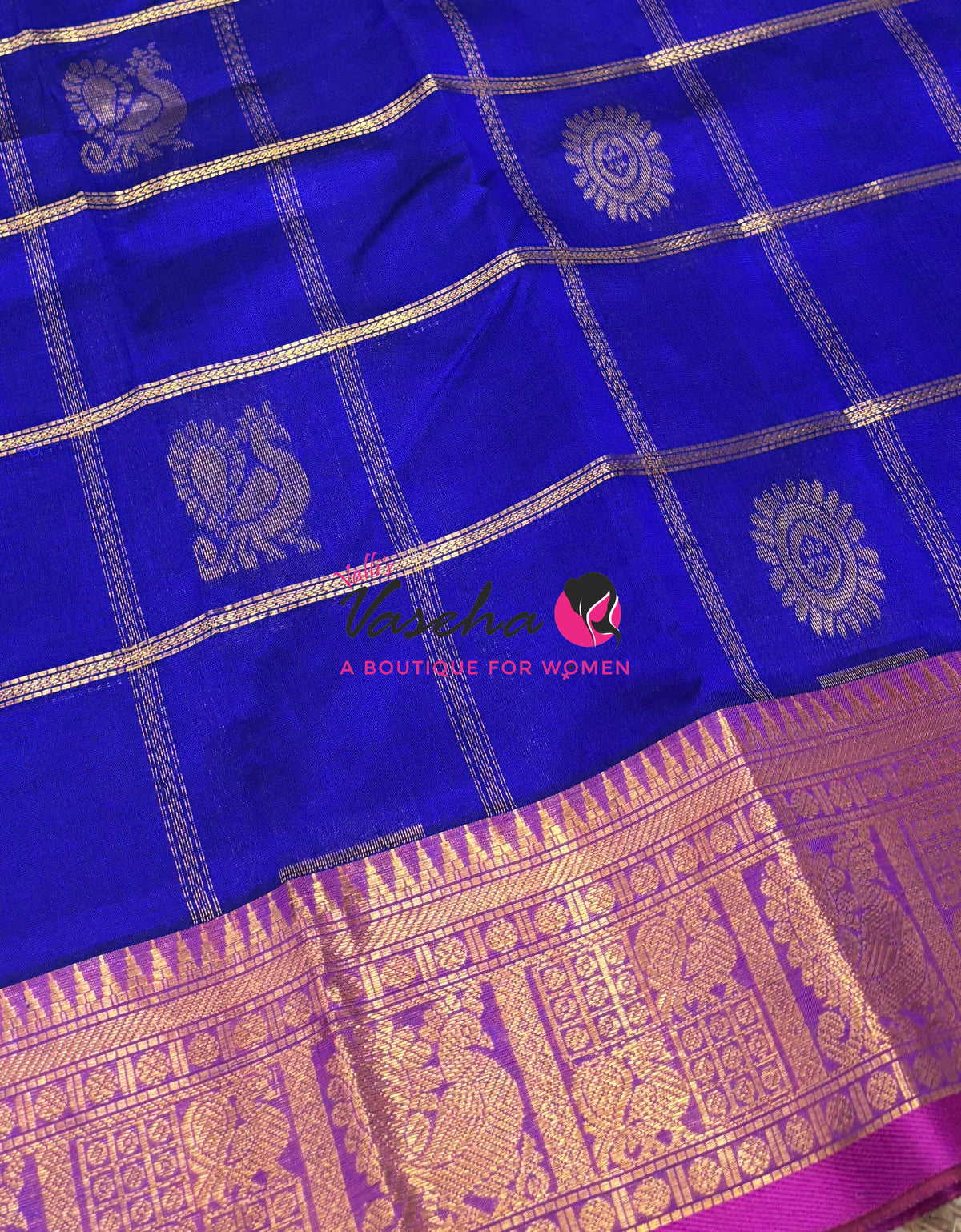 Pure Silk Cotton Saree - Mayil & Chakkaram Design - Blue With Pink  Shade -VVMC003