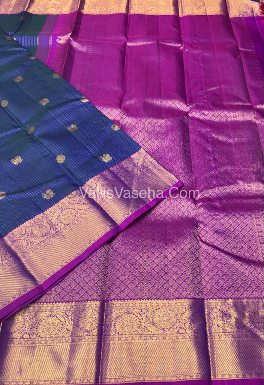 Pure Kanchipuram Silk Saree - Vaira Voosi design - Blue & Purplish Pink Shade - VVPS027