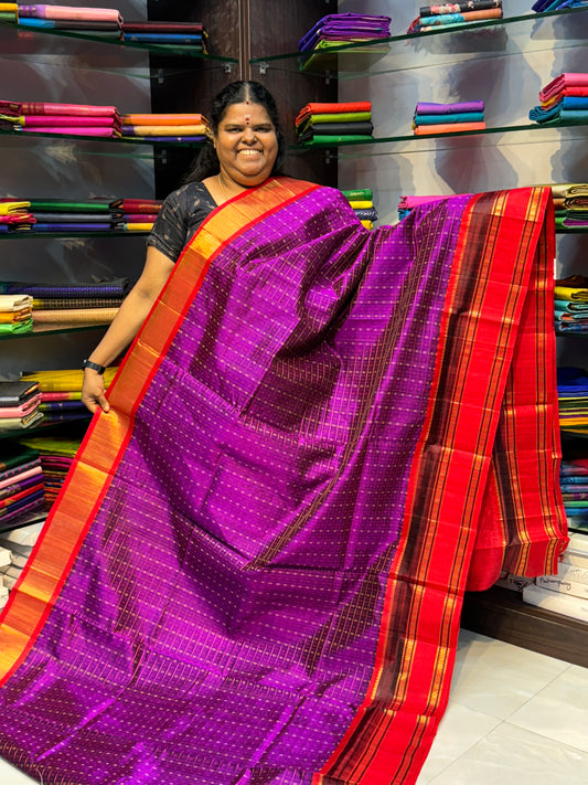 Pure Korvai Silk Cotton Saree - Purple with Red Combo -  Lakshadeepam Design VVKLD001